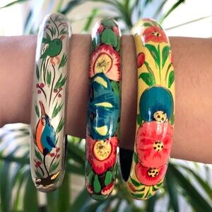 Set of 3 Artisan Hand-painted Wooden Bangles